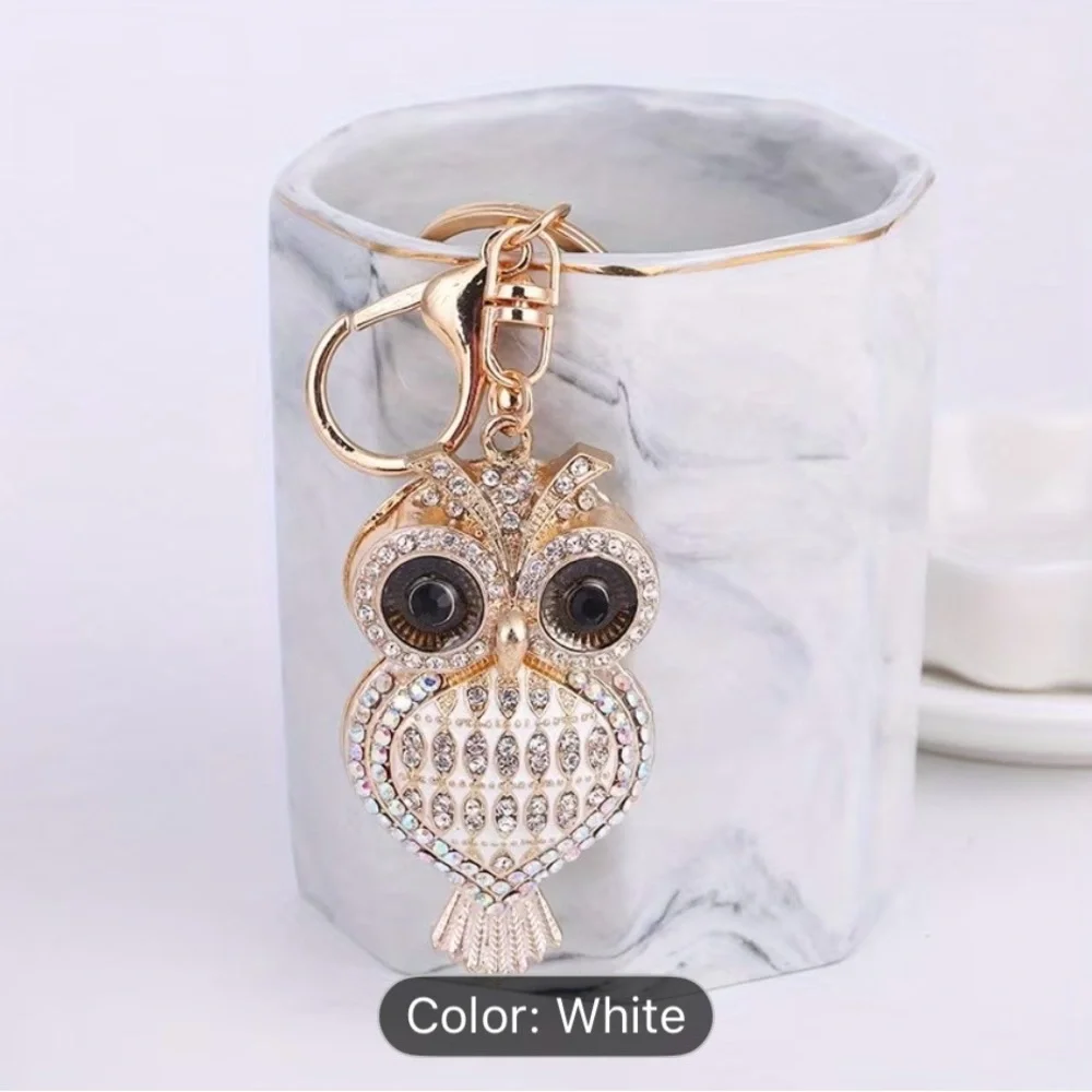 Metal Owl Keychain, Clear Rhinestone Backpack Accessory Pendant, Keychain